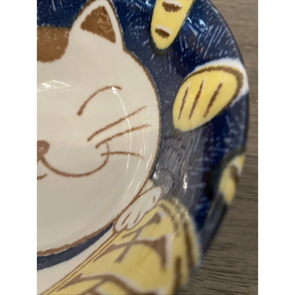 Japanese Porcelain Rice Bowl Blue Cute Kitty Cat Soup Ramen Made in Japan 6”
